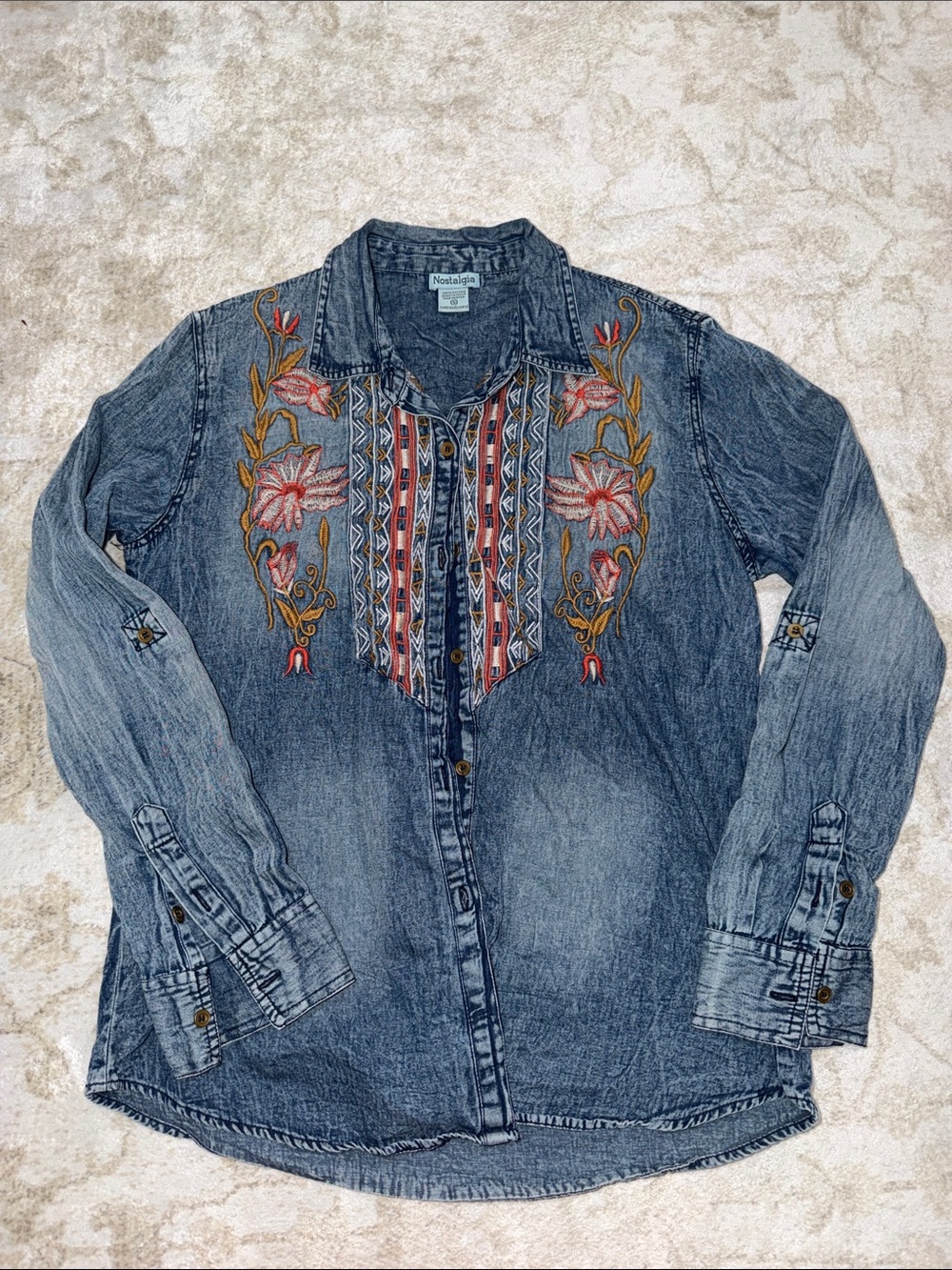 Nostalgia Washed Denim Shirt with Pink & Gold Floral Embroidery